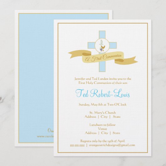 Jongen eerste communiqué-uitnodiging - blauw kaart (Voorkant / Achterkant)