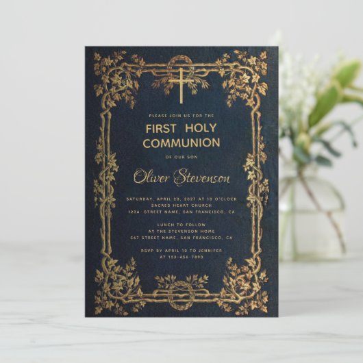 Jongen Eerste Heilige Communie Blauw Goud Verlaat  Kaart (Staand voorkant)