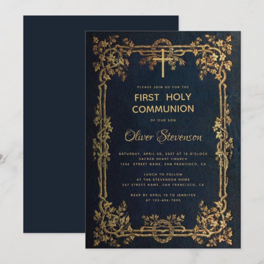 Jongen Eerste Heilige Communie Blauw Goud Verlaat  Kaart (Voorkant / Achterkant)