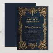 Jongen Eerste Heilige Communie Blauw Goud Verlaat Kaart (Voorkant / Achterkant)