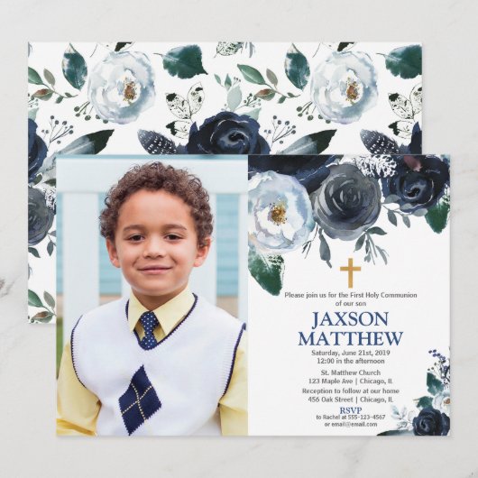 Jongen Eerste Heilige Communie blauwe bloemenfoto Kaart (Voorkant / Achterkant)