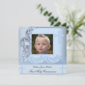 Jongen eerste Heilige Communie Blauwe Foto Bevesti Kaart (Staand voorkant)