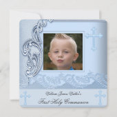 Jongen eerste Heilige Communie Blauwe Foto Bevesti Kaart (Voorkant)