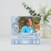 Jongen eerste Heilige Communie Blauwe Foto Bevesti Kaart (Staand voorkant)