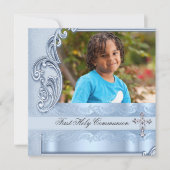 Jongen eerste Heilige Communie Blauwe Foto Bevesti Kaart (Voorkant)