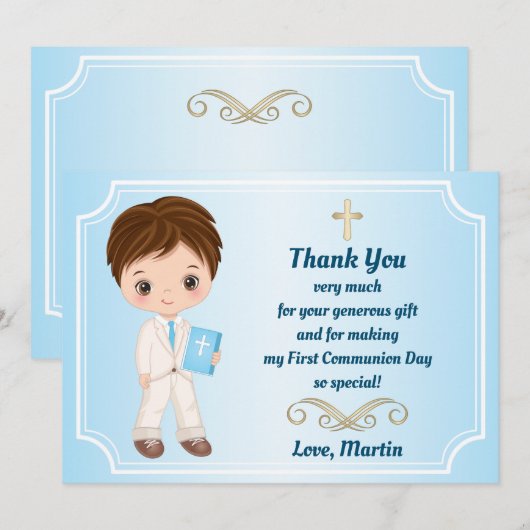 Jongen eerste Heilige Communie Dank je kaart (Voorkant / Achterkant)