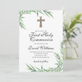 Jongen Eerste Heilige Communie Groen Elegant Kaart (Staand voorkant)