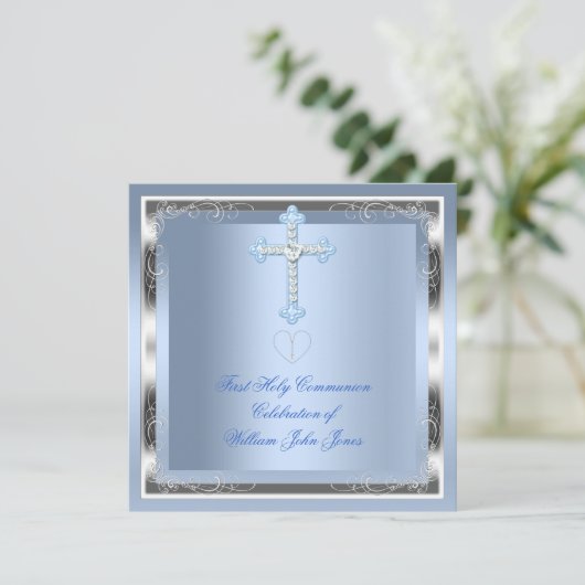Jongen eerste Heilige Communie Silver Blue 2 Kaart (Staand voorkant)
