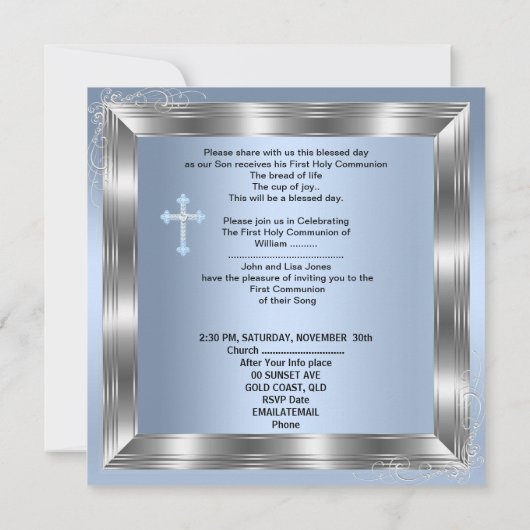 Jongen eerste Heilige Communie Silver Blue 2a Kaart (Achterkant)