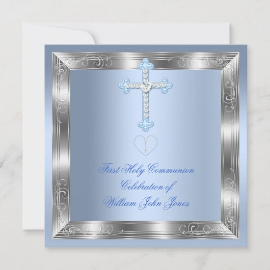 Jongen eerste Heilige Communie Silver Blue 2a Kaart (Voorkant)