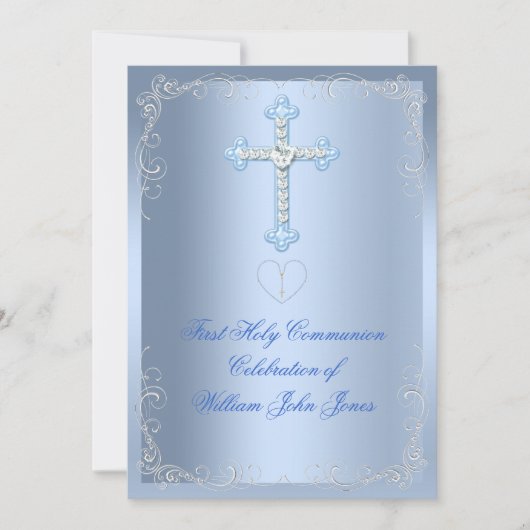 Jongen eerste Heilige Communie Silver Blue Kaart (Voorkant)