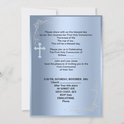 Jongen eerste Heilige Communie Silver Blue Kaart (Achterkant)
