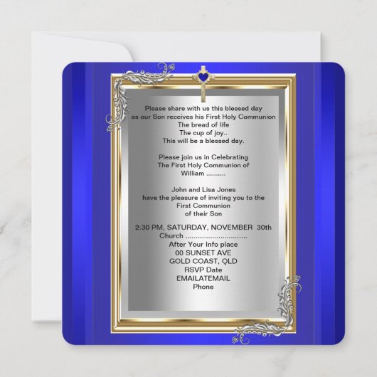 Jongen eerste Heilige Communie Silver Gold Royal B Kaart (Achterkant)