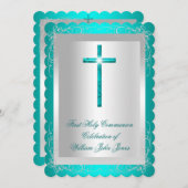 Jongen eerste Heilige Communie Silver Jade Blauwgr Kaart (Voorkant / Achterkant)