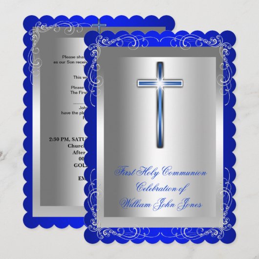 Jongen eerste Heilige Communie Silver Royal Blue 2 Kaart (Voorkant / Achterkant)