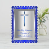 Jongen eerste Heilige Communie Silver Royal Blue 2 Kaart (Staand voorkant)