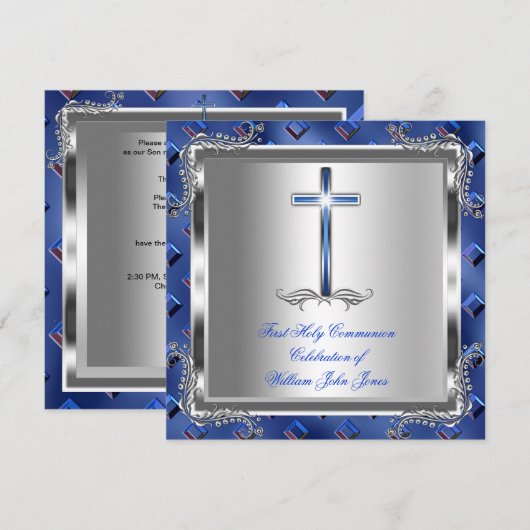 Jongen eerste Heilige Communie Silver Royal Blue 3 Kaart (Voorkant / Achterkant)