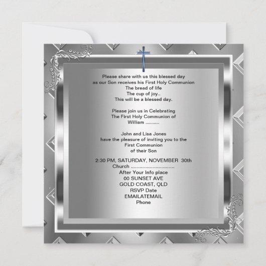 Jongen eerste Heilige Communie Silver Royal Blue 6 Kaart (Achterkant)