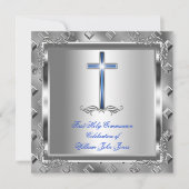 Jongen eerste Heilige Communie Silver Royal Blue 6 Kaart (Voorkant)
