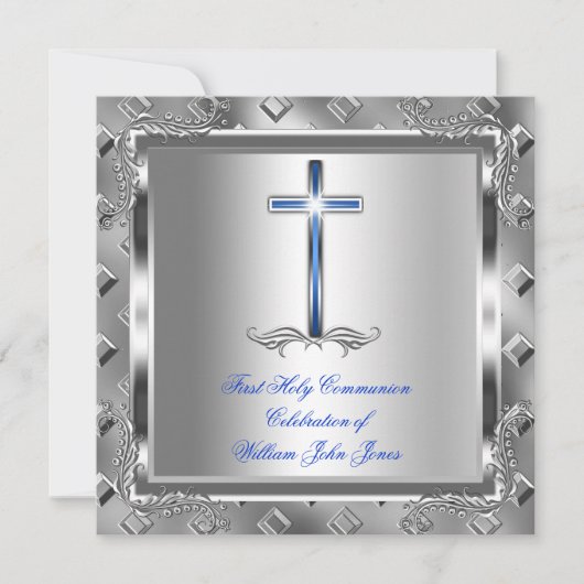 Jongen eerste Heilige Communie Silver Royal Blue 6 Kaart (Voorkant)