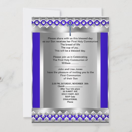 Jongen eerste Heilige Communie Silver Royal Blue M Kaart (Achterkant)