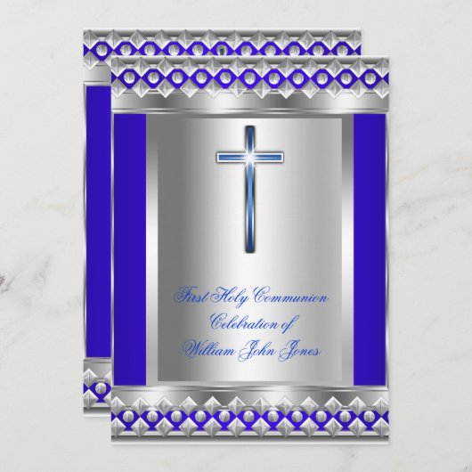 Jongen eerste Heilige Communie Silver Royal Blue M Kaart (Voorkant / Achterkant)