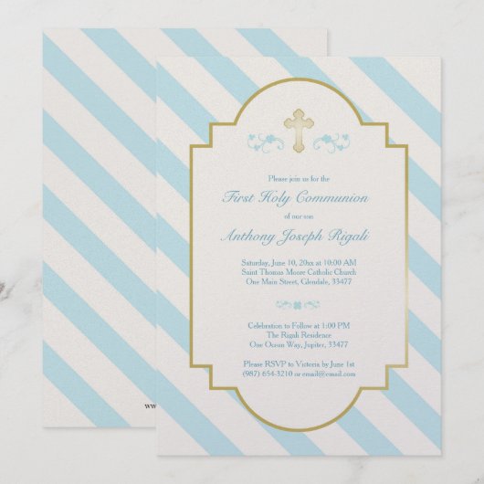 Jongen Eerste Heilige Communie Uitnodiging Blauwe  (Voorkant / Achterkant)