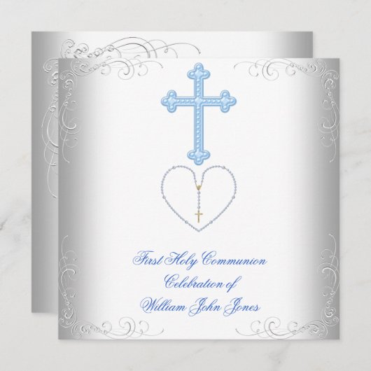 Jongen eerste Heilige Communie White Blue Kaart (Voorkant / Achterkant)