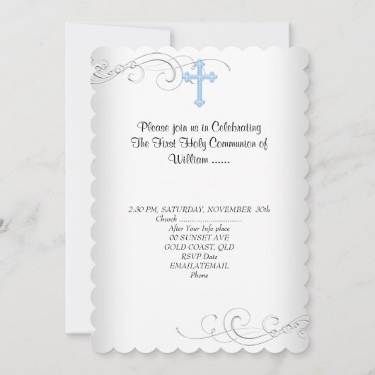 Jongen eerste Heilige Communie White Blue Silver Kaart (Achterkant)