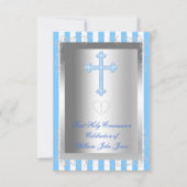 Jongen eerste Heilige Communie Zilver Blauwe Strip Kaart (Voorkant)