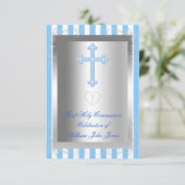 Jongen eerste Heilige Communie Zilver Blauwe Strip Kaart (Staand voorkant)