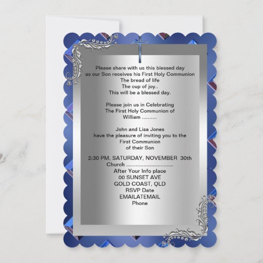 Jongen eerste Heilige Communie Zilver Royal Blue 2 Kaart (Achterkant)