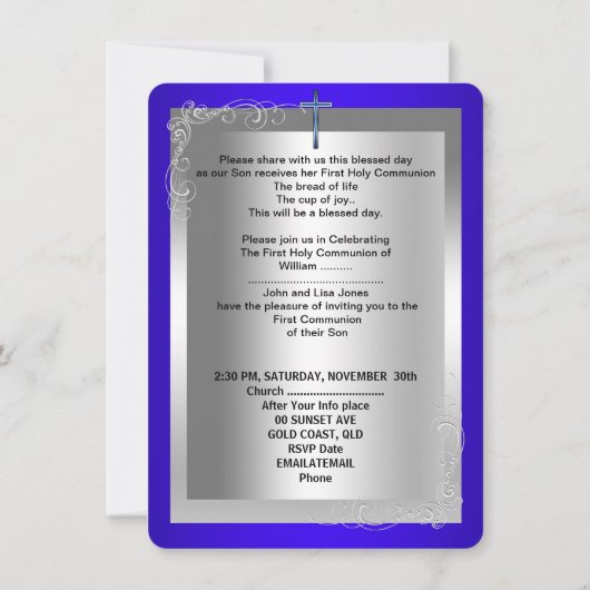 Jongen Eerste Heilige Communie Zilver Royal Blue R Kaart (Achterkant)