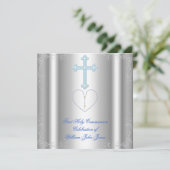 Jongen eerste Heilige Communie Zilver White Blue Kaart (Staand voorkant)