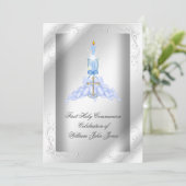 Jongen eerste Heilige Communie Zilveren Blauwe Boy Kaart (Staand voorkant)