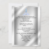 Jongen eerste Heilige Communie Zilveren Blauwe Boy Kaart (Achterkant)