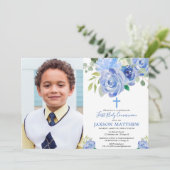 Jongen, eerste holy communy fotouitnodiging kaart (Staand voorkant)