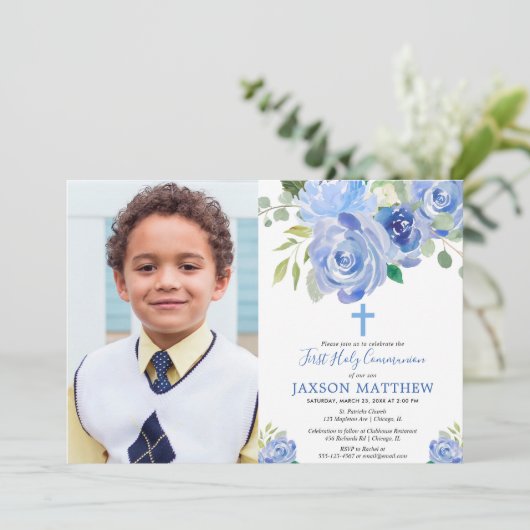 Jongen, eerste holy communy fotouitnodiging kaart (Staand voorkant)