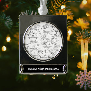 Jongen eerste kerst handgetekende vliegtuigen luch verzilverd banner ornament