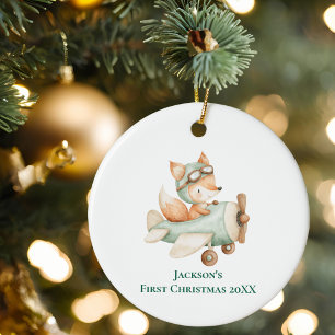 Jongen eerste kerst vos piloot vliegtuig luchtvaar keramisch ornament