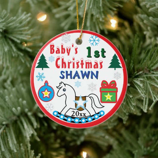 Jongen eerste kerst witte paard vrede keramisch ornament (Boom)