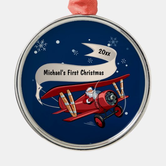 Jongen Eerste Kerstman Vliegtuig Gepersonaliseerd Metalen Ornament (Voorkant)