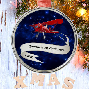Jongen Eerste Kerstmis Vliegtuig Kerstman Luchtvaa Metalen Ornament