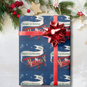 Jongen Eerste Kerstmis Vliegtuig Kerstman Vliegend Cadeaupapier