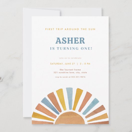 Jongen eerste reis rond de zon verjaardag uitnodig kaart (Voorkant)