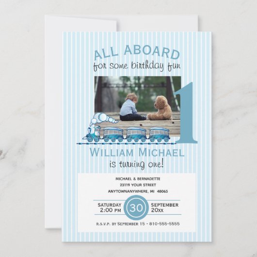 Jongen Eerste Verjaardag Blauwe Treinen Foto Kaart (Voorkant)
