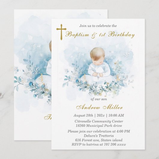 Jongen eerste verjaardag en doop kaart (Voorkant / Achterkant)