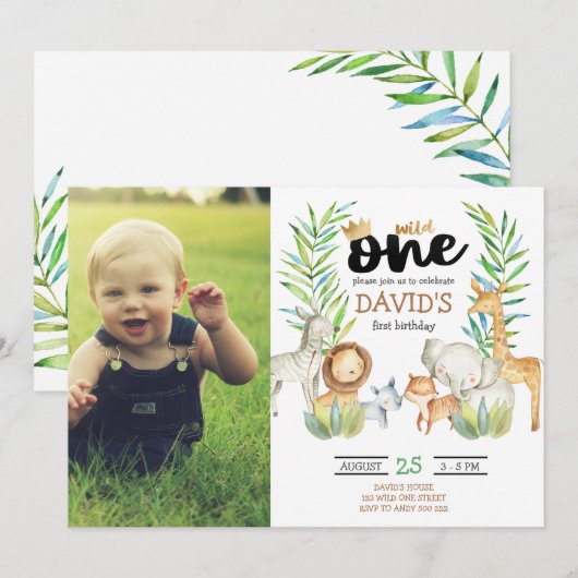 Jongen eerste verjaardag met Foto Safari Wild One Kaart (Voorkant / Achterkant)