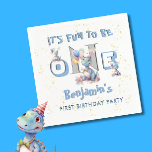 Jongen Eerste Verjaardag Plezier Een Dinosaurus Servet