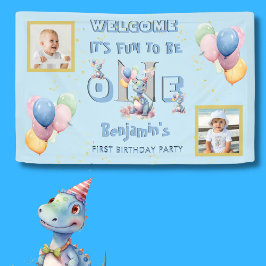 Jongen Eerste Verjaardag Plezier Een Dinosaurus Spandoek